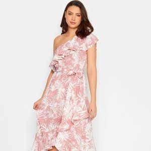LTS Tall Pink Leaf Print One Shoulder Frill Dress